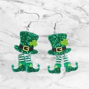 St. Patrick's Day Green Glitter Leprechaun Hat & Boots Earrings